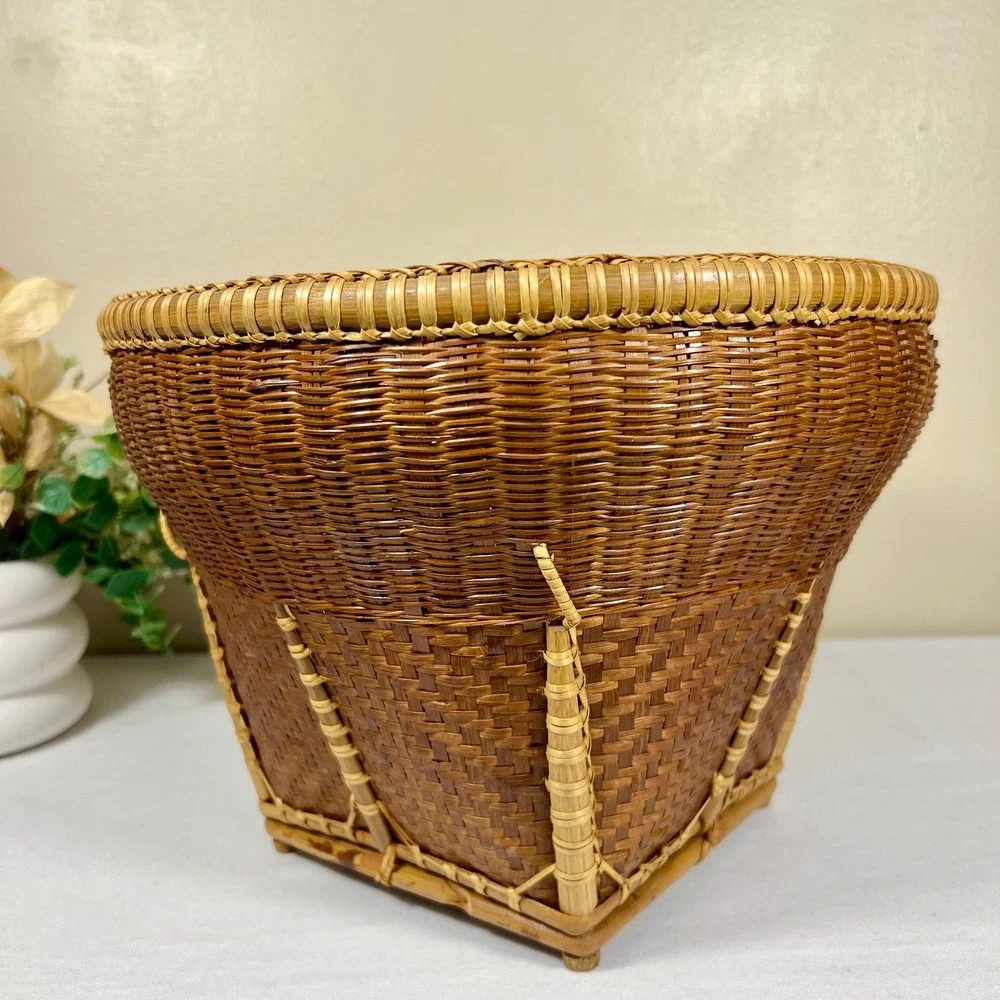 Vintage Dark Brown Woven Wicker Rattan and Bamboo Basket